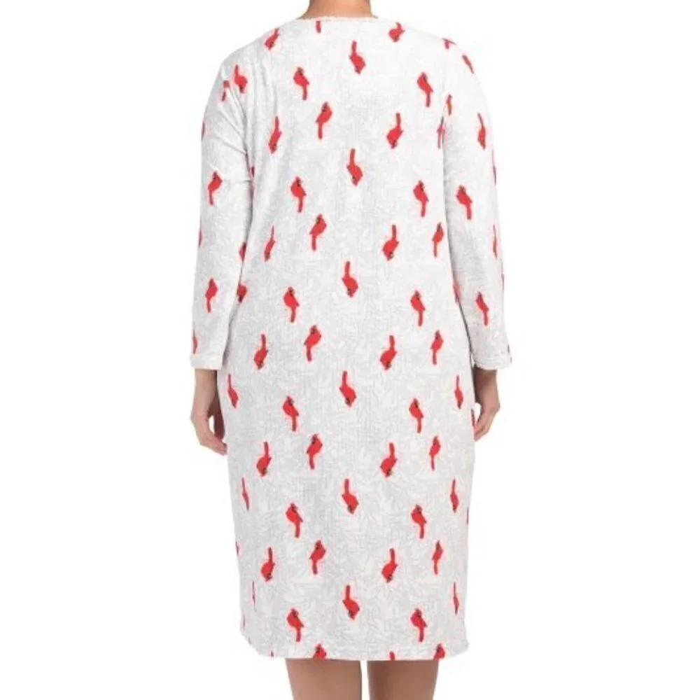 Relaxed Soft Stretchy Cozy Bird Novelty Printed Fleece Nightgown Plus Size 1X